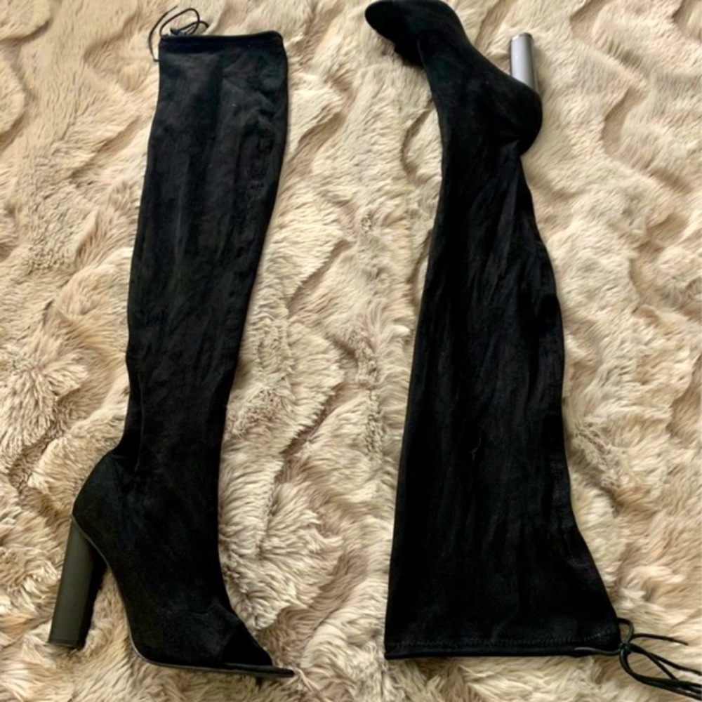 Thigh high open toe boots